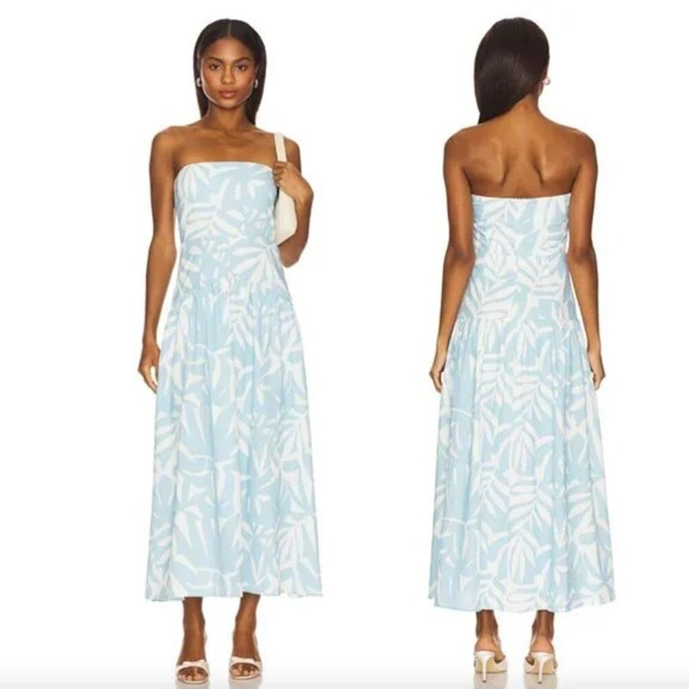 Seven Wonders Addie Midi Dress in Maleto Sky Blue Strapless Cotton Linen US 6 S